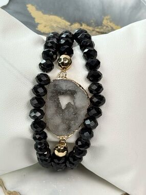 3PC Black Beaded Bracelet Stack with Druzy Pendant | Curated Boutique Set